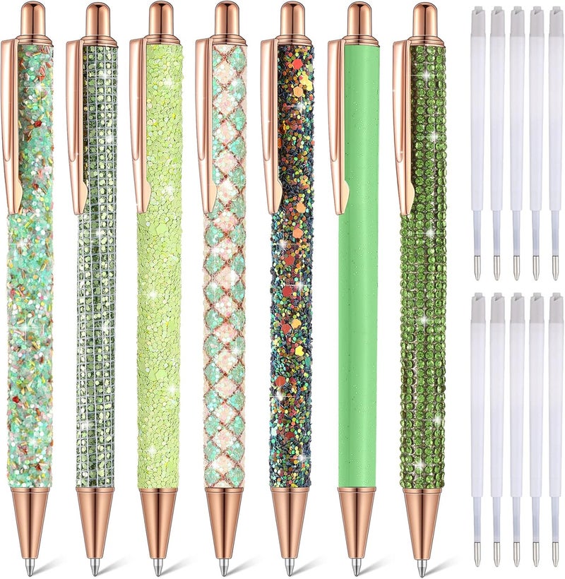 Sherr 7 Pcs Fancy Pens for Women Cute Sparkly Glitter Pens with 10 Pcs Black Ink Refills Pretty Gifts for Girls Office School Christmas Graduation(Green,Fresh) - Image 1